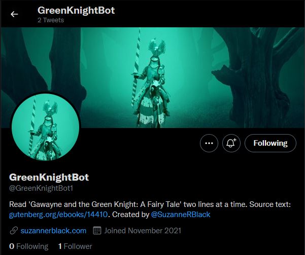 Twitter page for GreenKnightBot1.